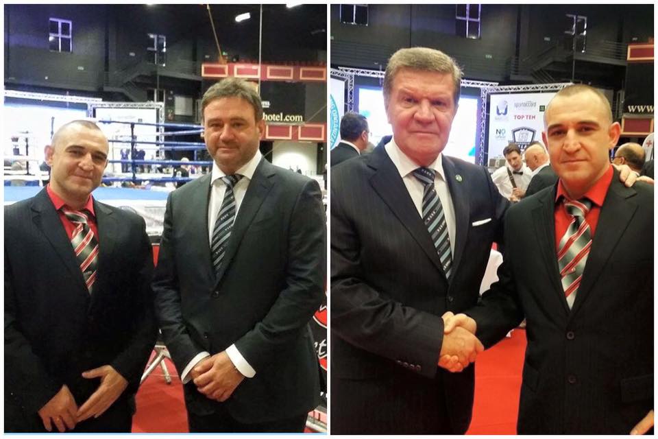 На снимките виждате ръководителят на българския национален отбор по кикбокс Галин Димов с новия президент на Световната федерация по кикбокс WAKO Борислав Пелевич, както и Димитър Ангелов.